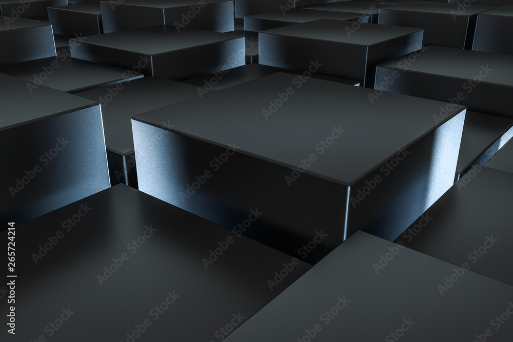 Poster 3d rendering, dark background, cube bricks with light effect. computer digital background.