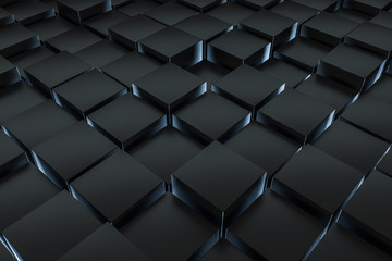 3d rendering, dark background, cube bricks with light effect. Computer digital background.