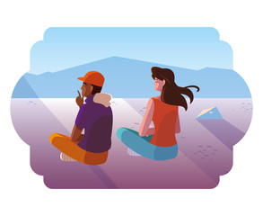couple contemplating horizon in snowscape scene