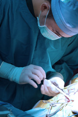 veterinarian surgery in operation room take with art lighting and blue filter