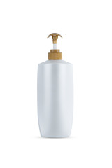 Dispenser head pump Gold color, white body plastic bottle cosmetic hygiene shampoo, conditioner with body moisturising isolated on white background