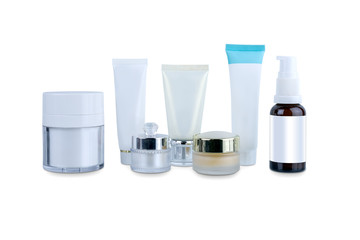 collection of various beauty cosmetic hygiene containers plastic bottle with body moisturising isolated on white background