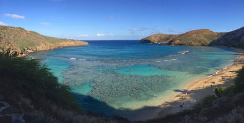 Panoramic view of Hanauma Bay on O'ahu Island, Hawaii