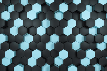3d rendering, black and cyan hexagon cubes.