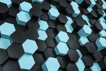 3d rendering, black and cyan hexagon cubes.