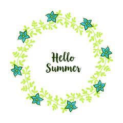 Vector illustration greeting card hello summer for shape blue flower frame