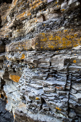 Dinosaur Footprint and sedimentary rocks in famous tourist site Sangjogam County Park in Goseong County, South Korea.