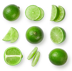 Lime and slices isolated on white background. Top view.