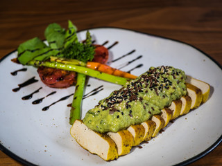 Vegan healthy foood, Tofu steak with chimichurri