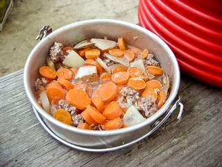 Camping Dinner Pan with Meat Carrots and Potatoes