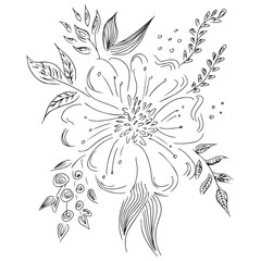 Fototapeta premium Hand drawn abstract set of wildflowers isolated on white. Floral design elements for your wedding invitation and greeting card. Hand drawn vector illustration. Line art. Sketch