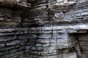 Dinosaur Footprint and sedimentary rocks in famous tourist site Sangjogam County Park in Goseong County, South Korea.