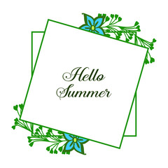 Vector illustration invitation card hello summer for ornate blue flower frame