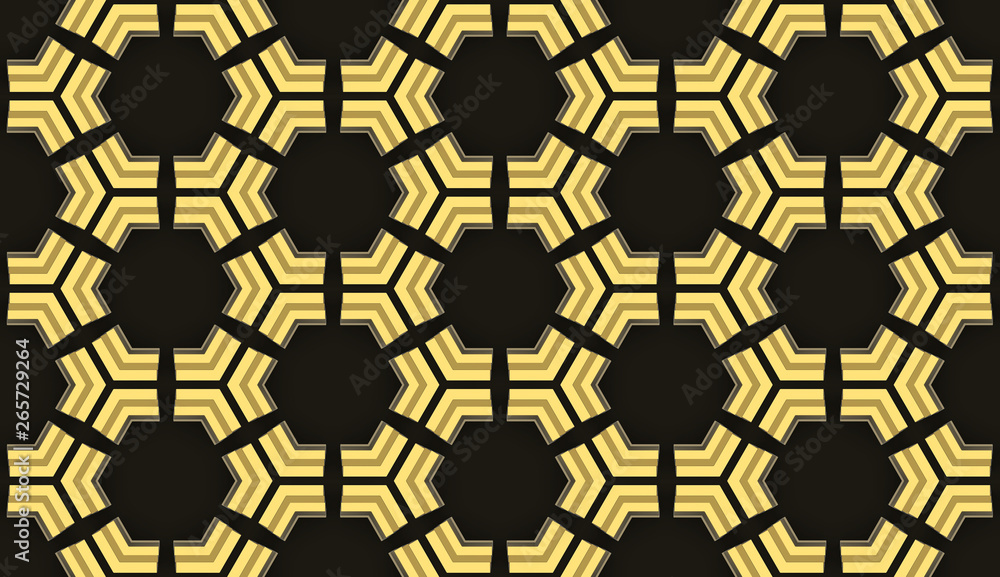 Poster 3d rendering. modern seamless golden hexagon or bee nest hive honeycomb design pattern wall backgrou