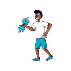 afro man athletic with dumbbell avatar character