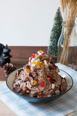 Crushed ice with chocolate dessert homemade food.