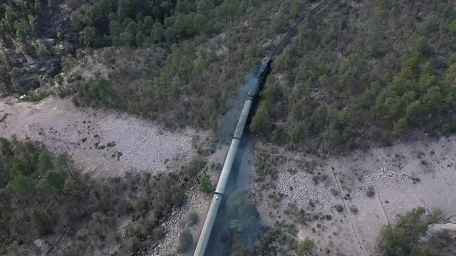 Aerial drone view of the Chepe Train moving through forest in Copper Canyon, Chihuahua, Mexico