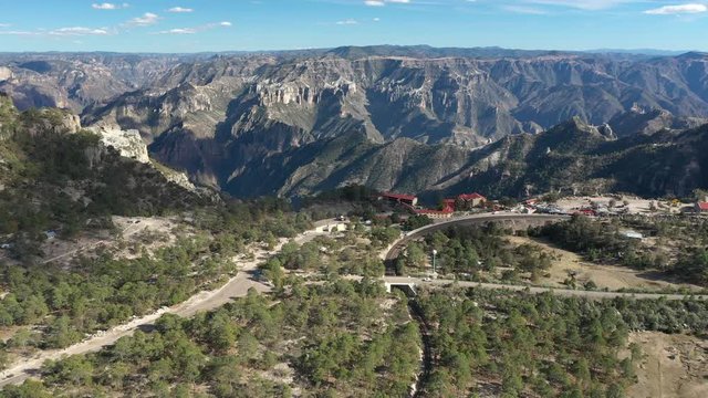 Aerial drone view of the Chepe Train Station of Divisadero in Copper Canyon, Chihuahua, Mexico