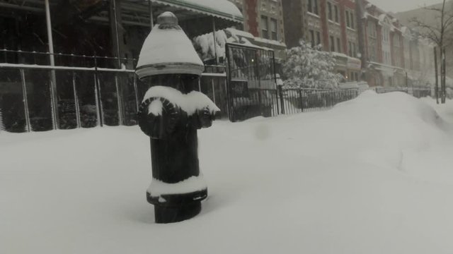 This is a shot of a fire hydrant getting covered in snow during a blizzard/snowstorm in Brooklyn, NY.