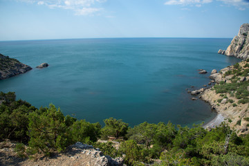 View on the sea coast. Black sea, Novy Svet village, Crimea