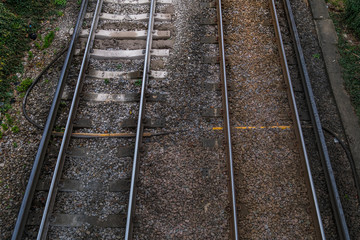 Obraz premium railroad tracks view from above on station, outdoor landscape.