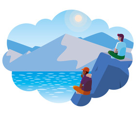 Fototapeta premium men couple contemplating horizon in lake and mountains scene