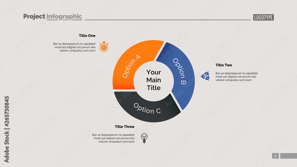Poster pie chart with three elements. diagram, option graph, layout. business data. creative concept for in