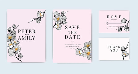 Fototapeta na wymiar Wedding Invitation, floral invite thank you, rsvp modern card Design in cherry blossom branches decorative Vector elegant rustic template