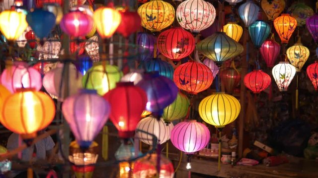 rack focus cinematic of vietnam lanterns