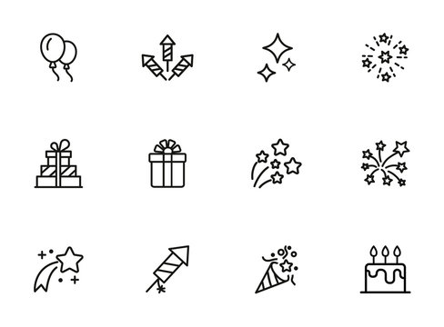 Happy birthday icon set. Line icons collection on white background. Firework, firecracker, gift. Celebration concept. Can be used for topics like holiday, party, surprise
