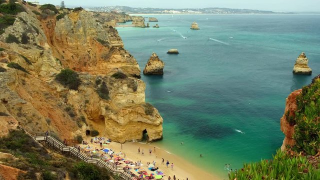 Limestone rocky sea coast near Lagos, Algarve region, Portugal