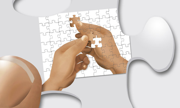 A puzzle of a hand holding a puzzle pieces is completed by an identical hand holding the last piece of the puzzle. But wait, the entire image is a puzzle piece being held in an even bigger hand. 