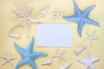 Fototapeta na wymiar Summer Mockup.summer Sea Flat lay. marine decorative stars and shells, white frame for text on yellow pastel background.Summer To-do list.Summer sea vacation mockup. top view, copy space.