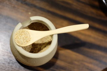 White sesame on the spoon