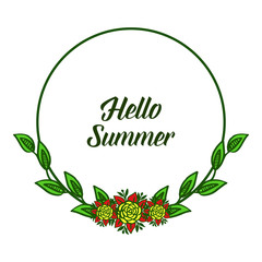 Vector illustration various pattern green leafy floral frame with letter hello summer