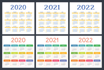 Calendar 2020, 2021, 2022 years. Pocket calender. Colorful English vector set. Week starts on Sunday. Basic grid