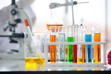 Assorted laboratory glassware equipment ready for an experiment in a science research lab