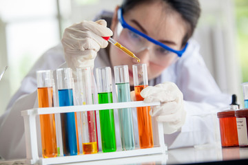Closeup of a female scientist filling test tubes with pipette in laboratory  science laboratory...