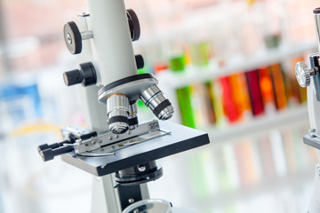 Microscope for laboratory research. Photo of a medical microscope close-up. science laboratory research and development concept