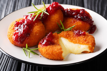 Delicate soft Camembert in breading served with cranberry sauce and rosemary closeup on a plate. horizontal