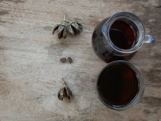 black coffee on wood table, sweet tea summer drink