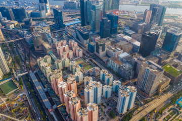 Drone fly over Hong Kong city