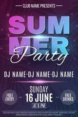 Poster for Summer Party. Abstract glowing neon text banner with flying luminous particles. Dark background with palm trees. Dance night party. The names of the club and DJ. Vector illustration.