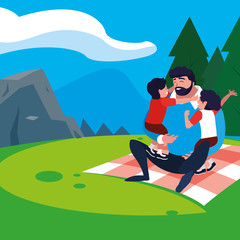 father with sons characters in the field picnic day