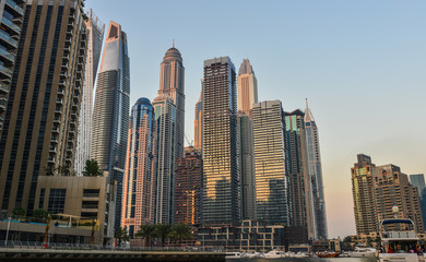 Skyscrapers in Dubai Marina at sunset