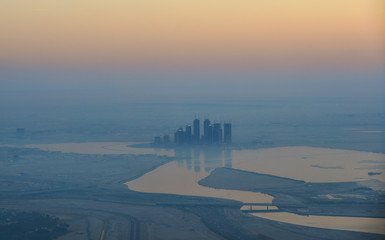 Aerial view of Dubai City at sunrise