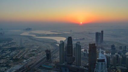 Aerial view of Dubai City at sunrise