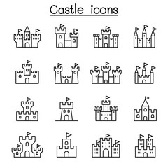 Castle & Palace icon set in thin line style