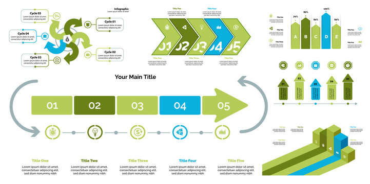 Business inforgraphic design set for management concept. Can be used for business project, annual report, web design. Process chart, option chart, scatter plot, pie chart, flowchart, donut diagram