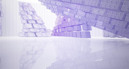 Abstract drawing white parametric interior multilevel public space with window. 3D illustration and rendering.